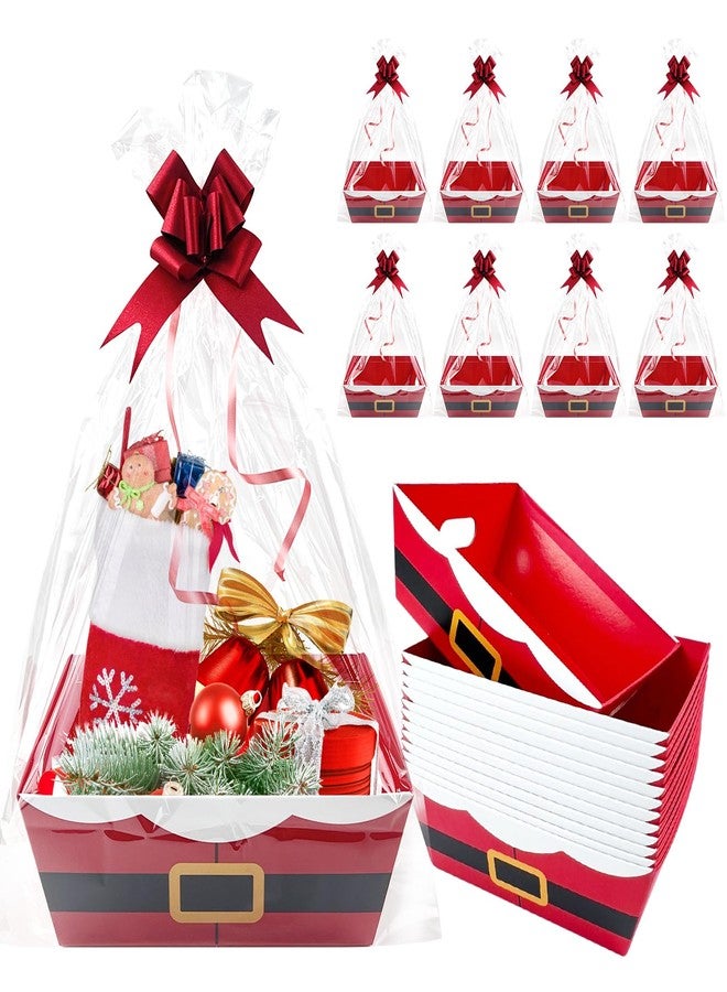CODOHI 30 Pcs 10 Pack Christmas Baskets for Gifts Empty 8.5" x 10" with Xmas Pull Bows Clear Present Bags, Red Santa Claus Belt Empty Gift Baskets Kit To Fill for Winter Christmas Holiday Party Favors - Image 1
